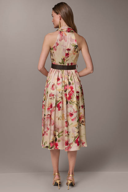 Donna Karan CHARMEUSE FLORAL WRAP-EFFECT MIDI HALTER DRESS
