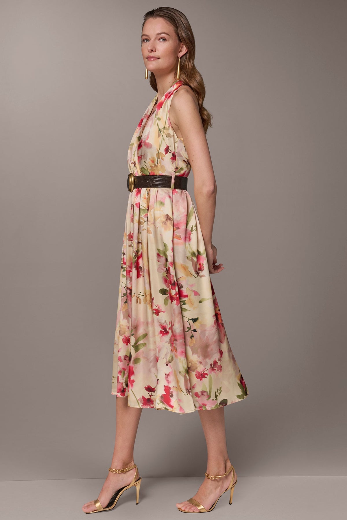Donna Karan CHARMEUSE FLORAL WRAP-EFFECT MIDI HALTER DRESS