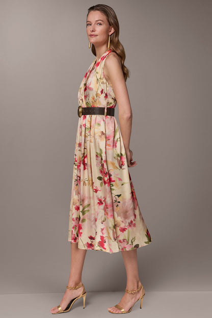 Donna Karan CHARMEUSE FLORAL WRAP-EFFECT MIDI HALTER DRESS
