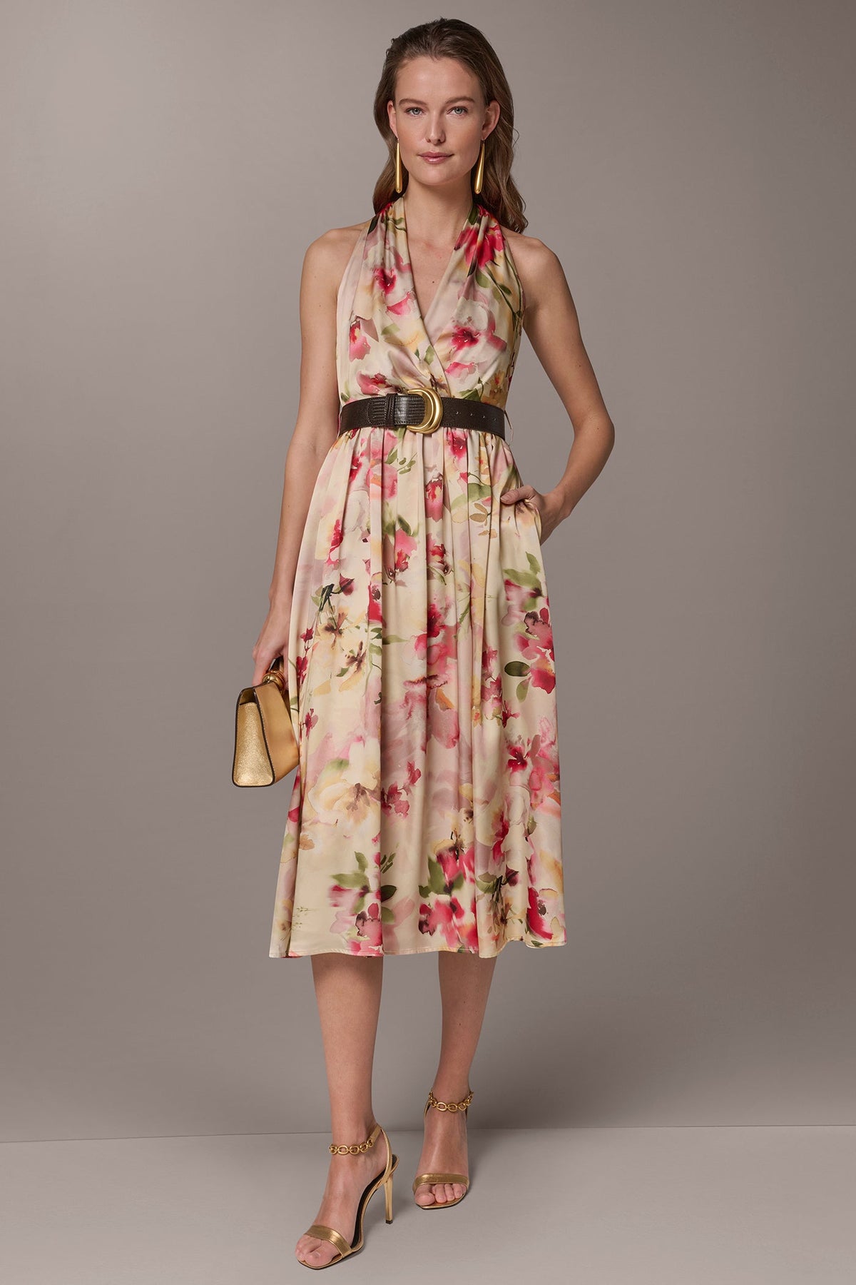 Donna Karan CHARMEUSE FLORAL WRAP-EFFECT MIDI HALTER DRESS