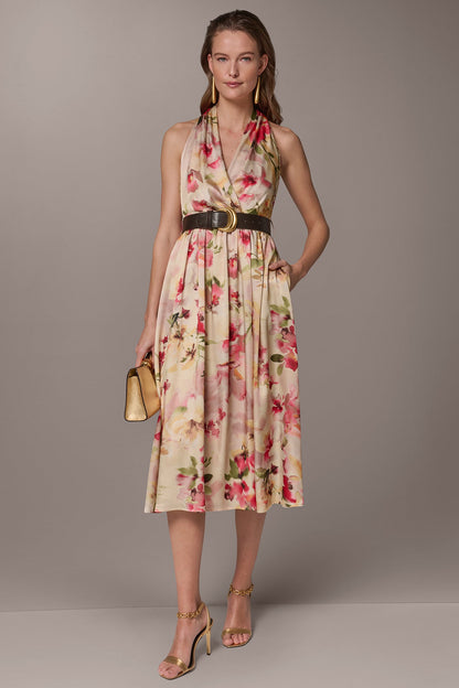 Donna Karan CHARMEUSE FLORAL WRAP-EFFECT MIDI HALTER DRESS