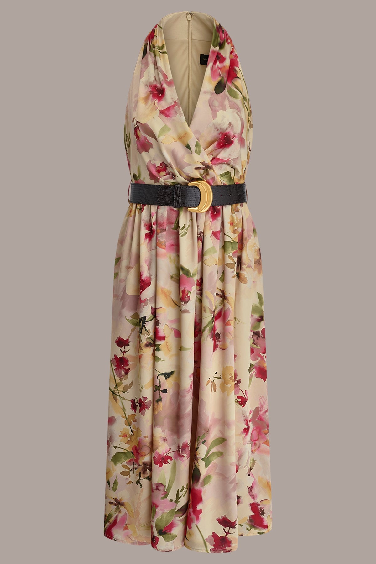 Donna Karan CHARMEUSE FLORAL WRAP-EFFECT MIDI HALTER DRESS
