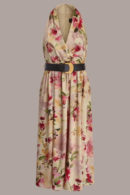 Donna Karan CHARMEUSE FLORAL WRAP-EFFECT MIDI HALTER DRESS