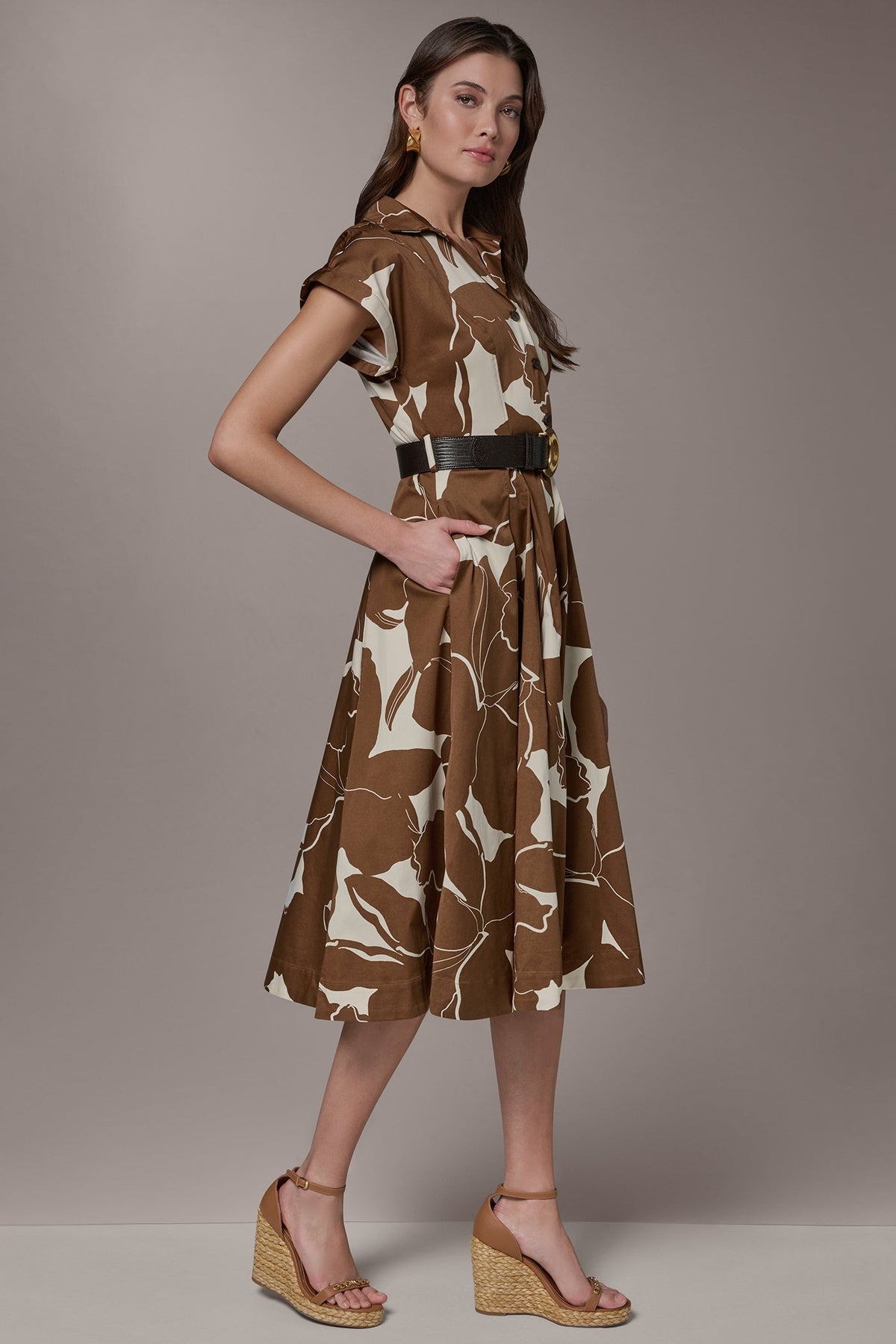 Donna Karan COTTON-SATEEN FLORAL MIDI SHIRT DRESS