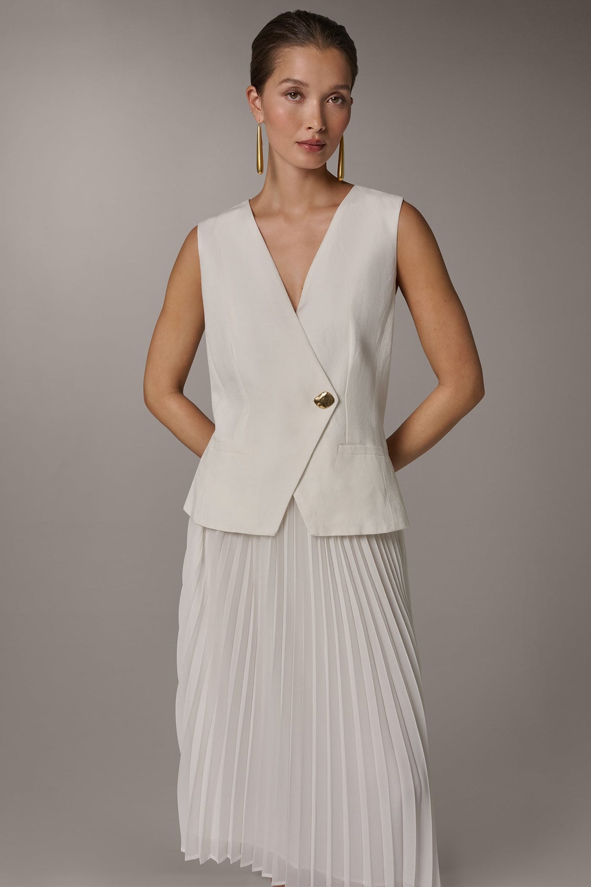 Donna Karan LINEN-BLEND MIXED MEDIA MIDI FIT AND FLARE DRESS