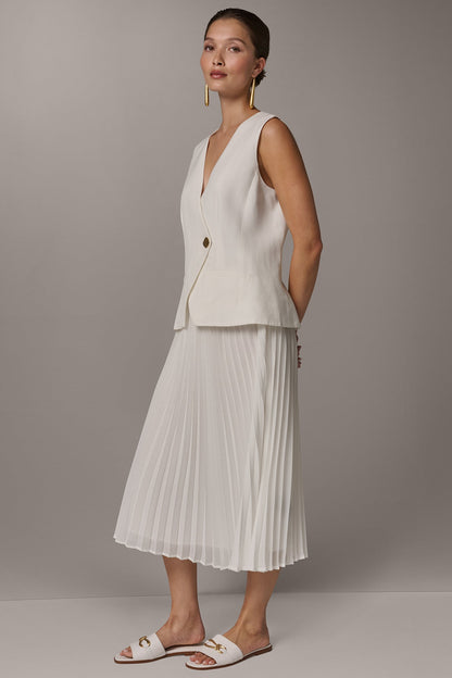 Donna Karan LINEN-BLEND MIXED MEDIA MIDI FIT AND FLARE DRESS