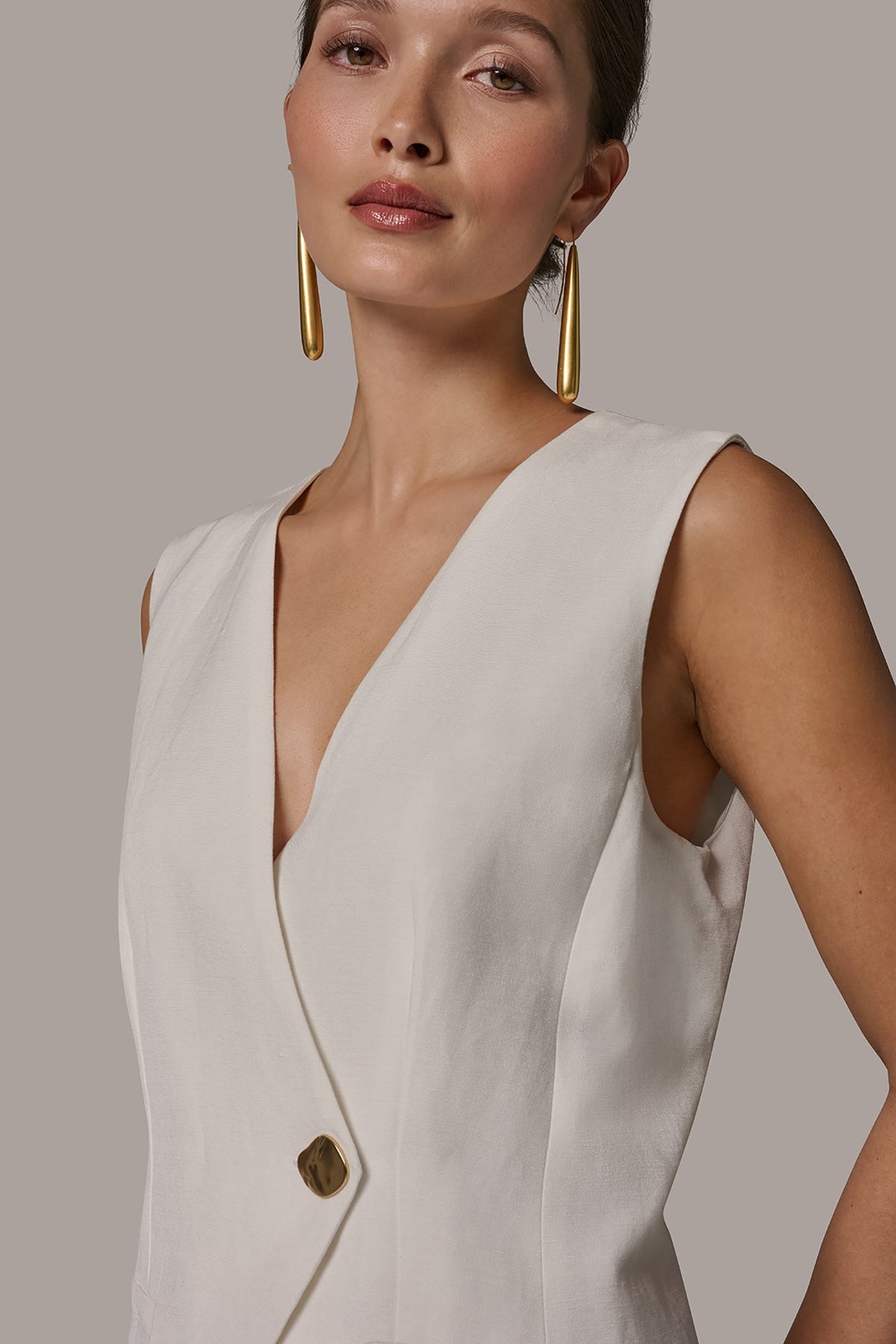Donna Karan LINEN-BLEND MIXED MEDIA MIDI FIT AND FLARE DRESS