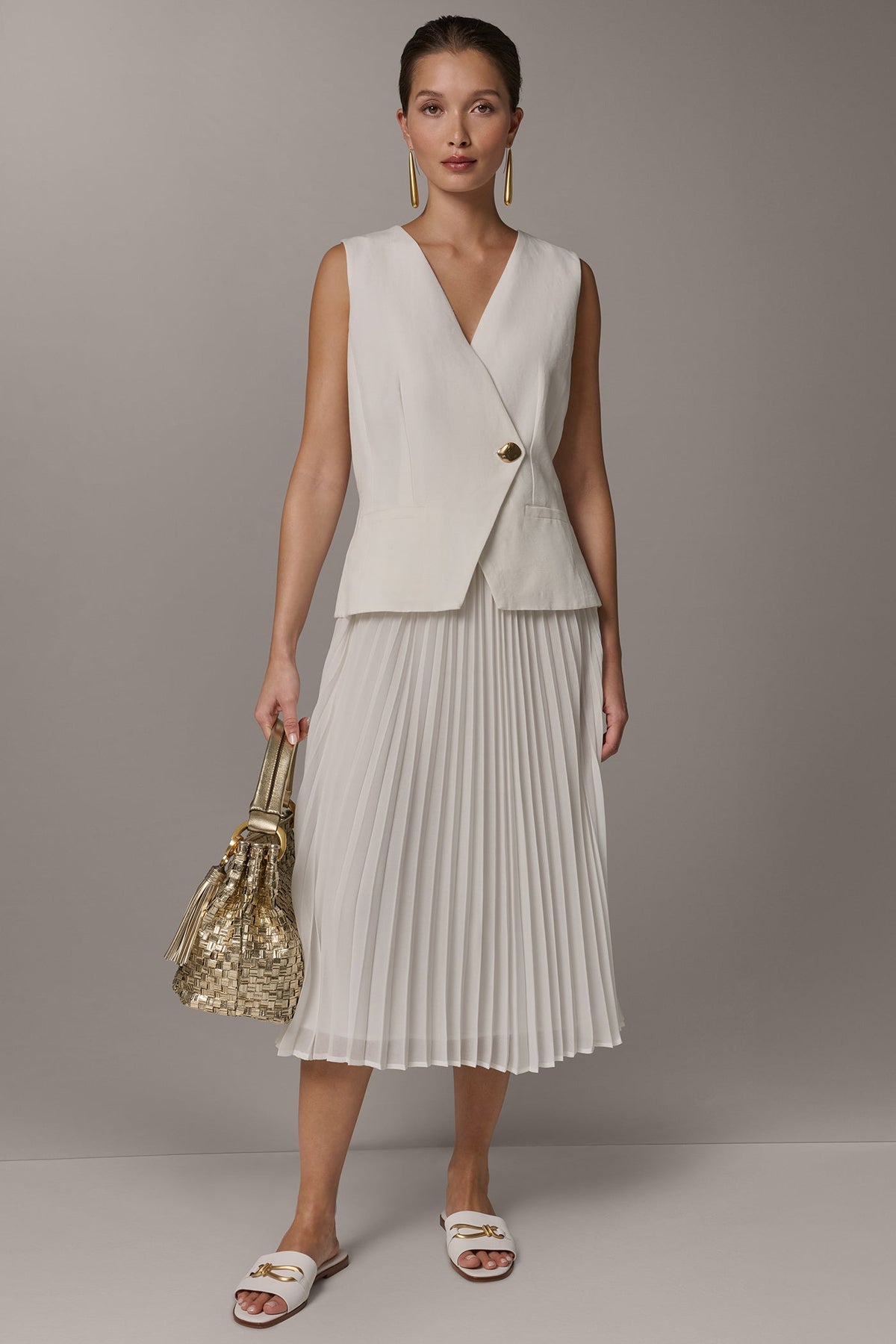 Donna Karan LINEN-BLEND MIXED MEDIA MIDI FIT AND FLARE DRESS