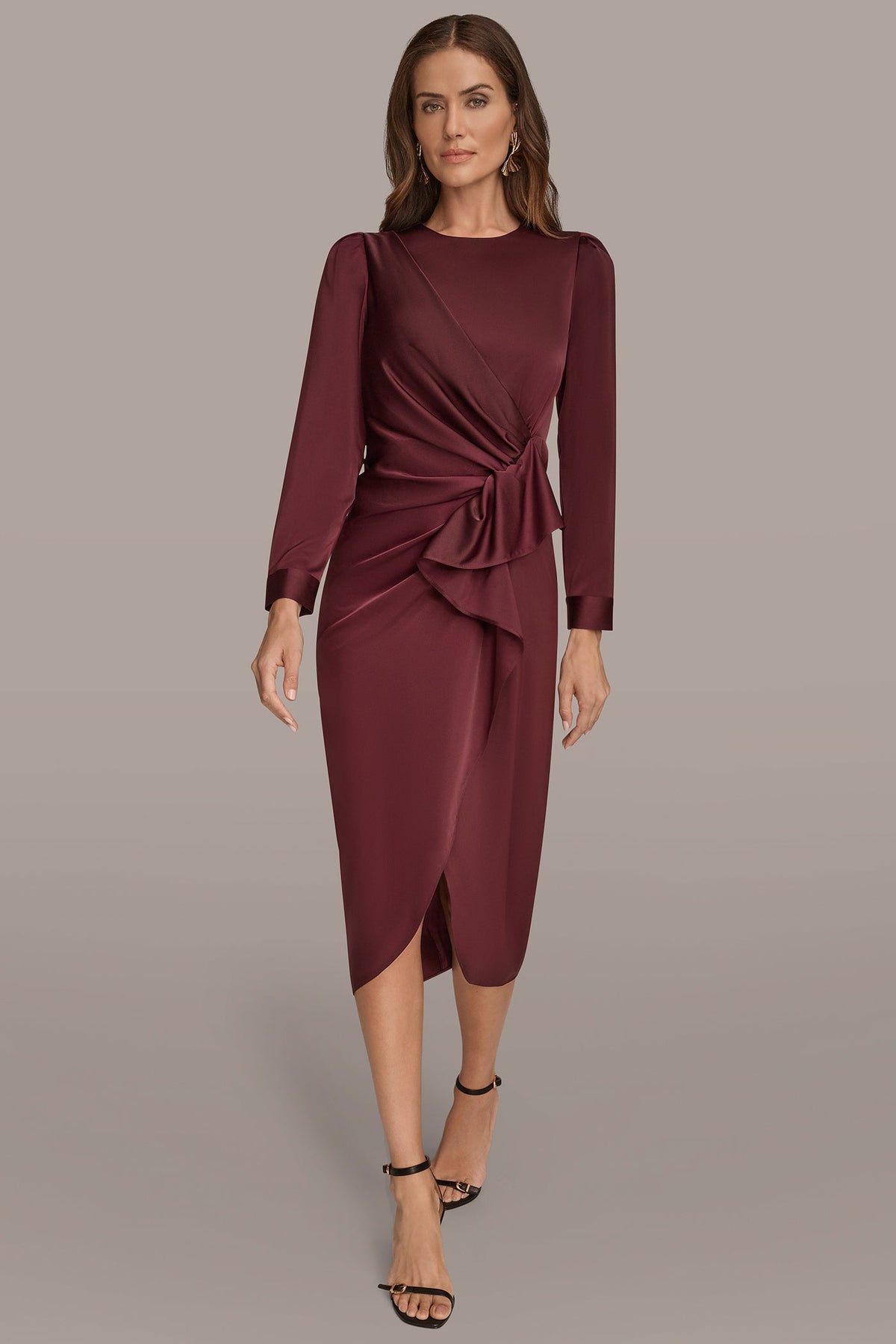 Donna Karan SATIN LONG SLEEVE RUFFLE MIDI DRESS