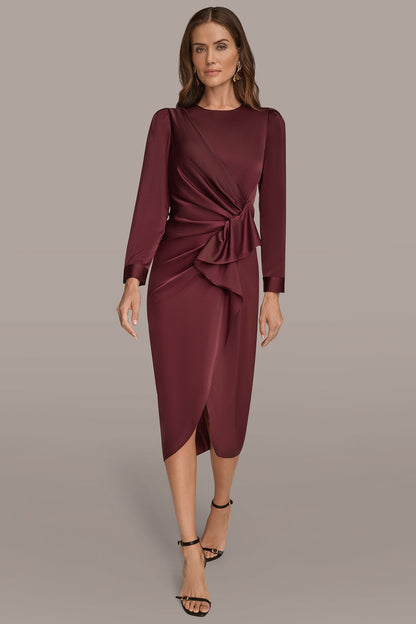 Donna Karan SATIN LONG SLEEVE RUFFLE MIDI DRESS