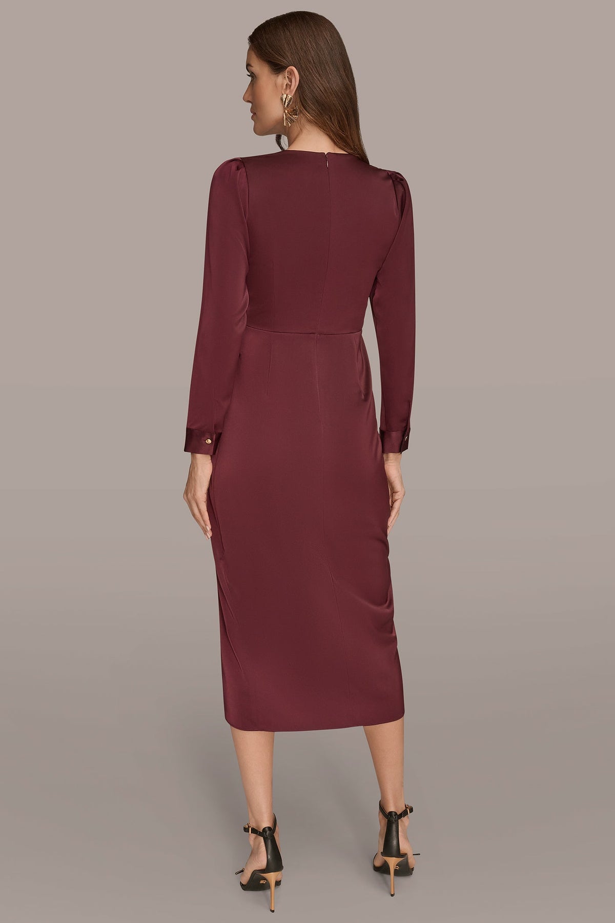 Donna Karan SATIN LONG SLEEVE RUFFLE MIDI DRESS