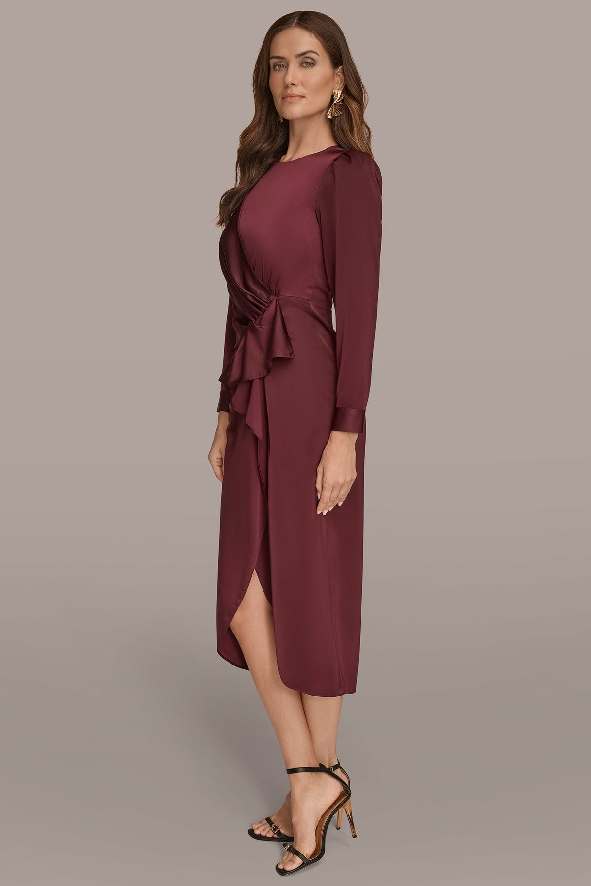Donna Karan SATIN LONG SLEEVE RUFFLE MIDI DRESS