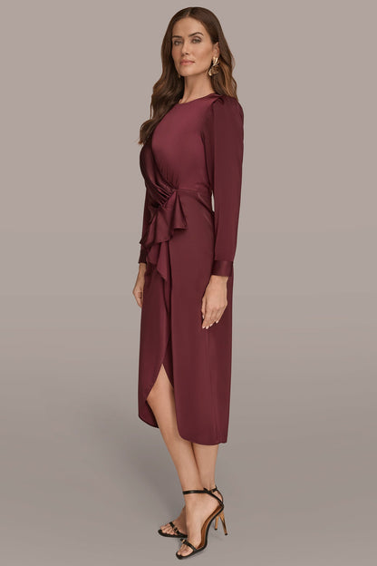 Donna Karan SATIN LONG SLEEVE RUFFLE MIDI DRESS