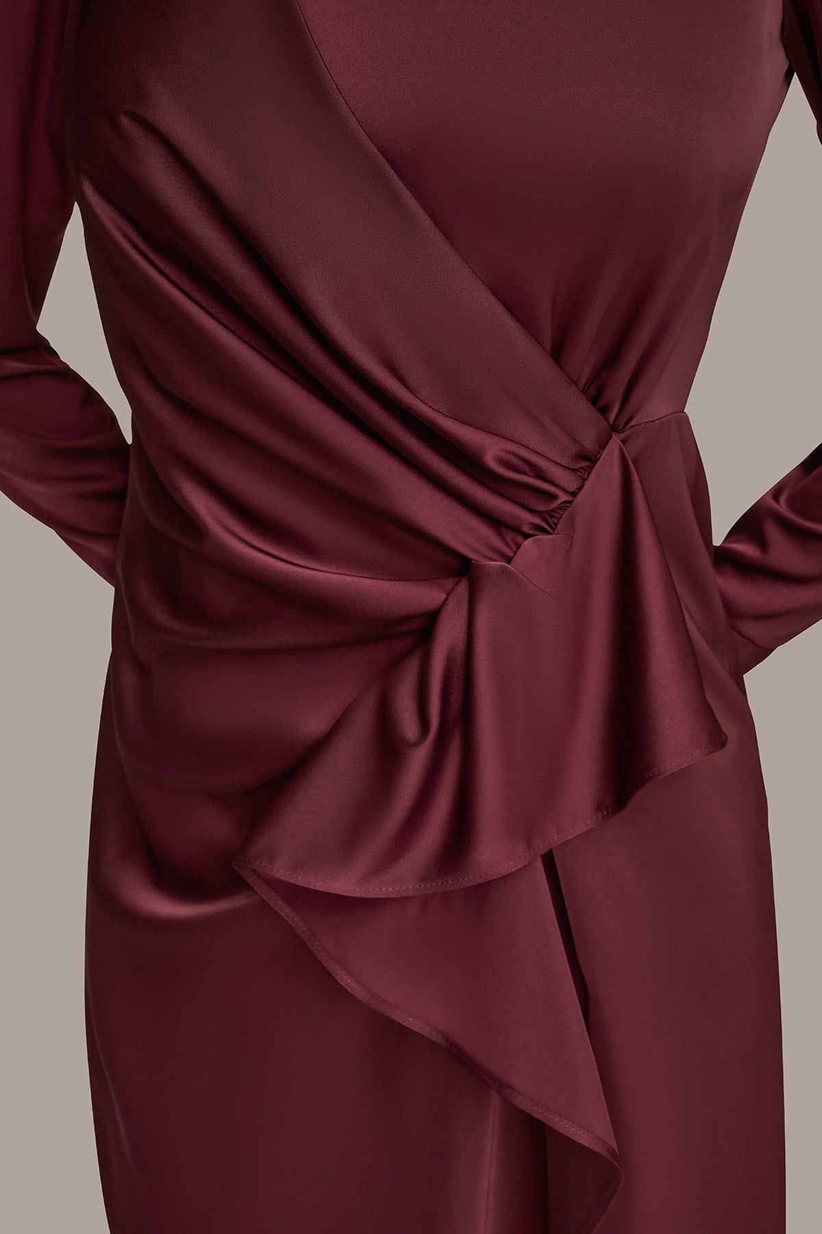 Donna Karan SATIN LONG SLEEVE RUFFLE MIDI DRESS