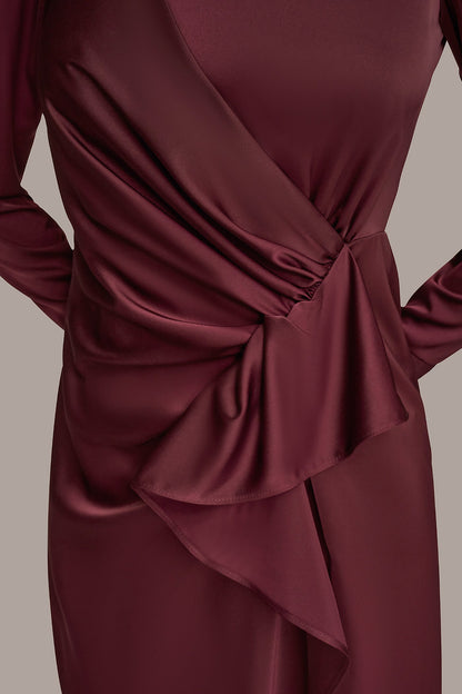 Donna Karan SATIN LONG SLEEVE RUFFLE MIDI DRESS