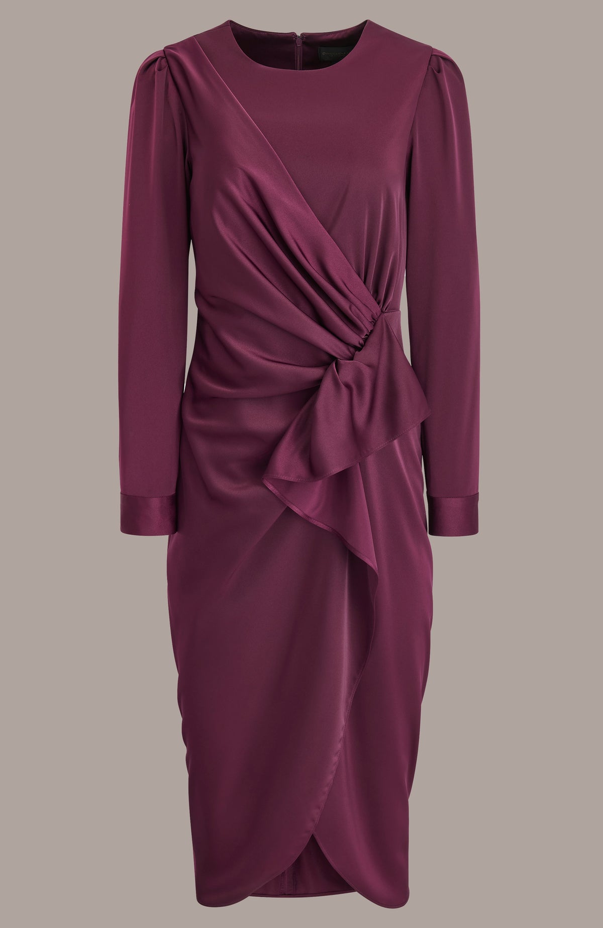 Donna Karan SATIN LONG SLEEVE RUFFLE MIDI DRESS