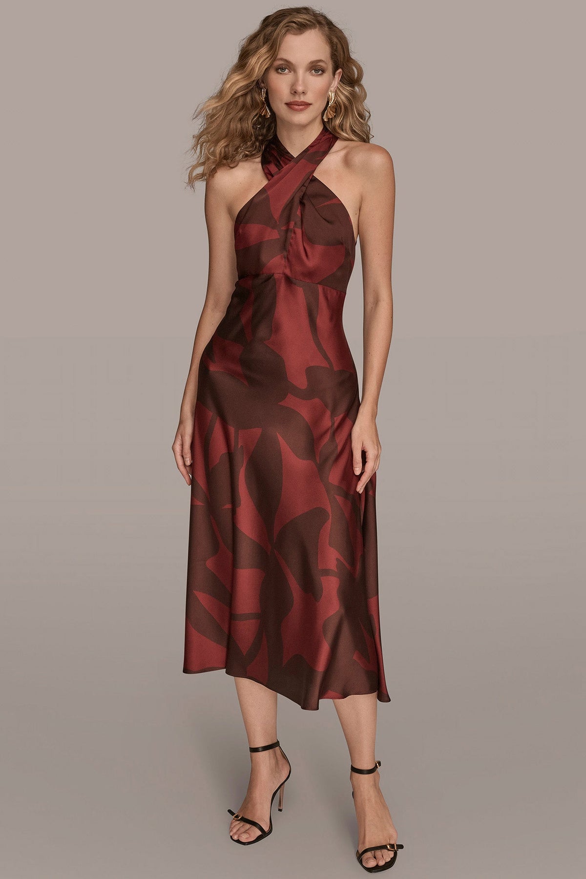 Donna Karan FLORAL CROSS-FRONT MIDI HALTER DRESS