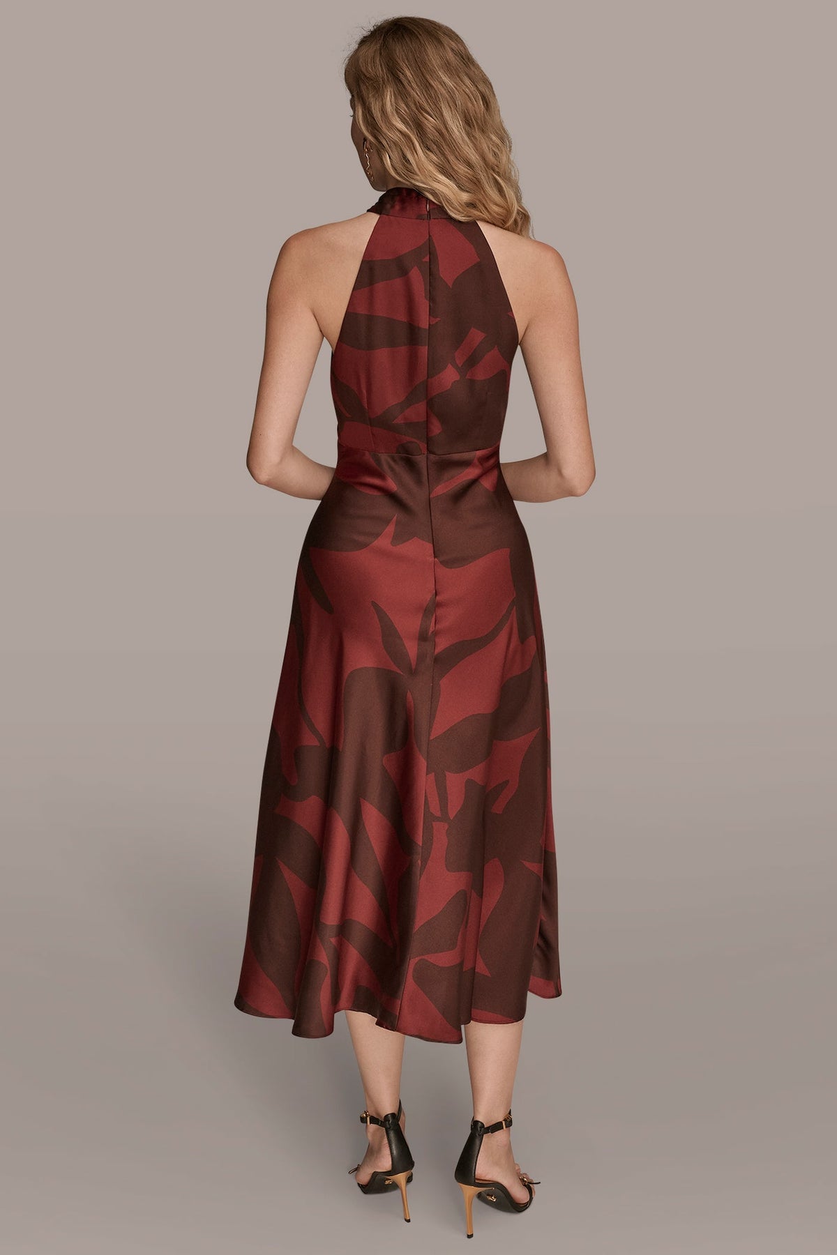 Donna Karan FLORAL CROSS-FRONT MIDI HALTER DRESS