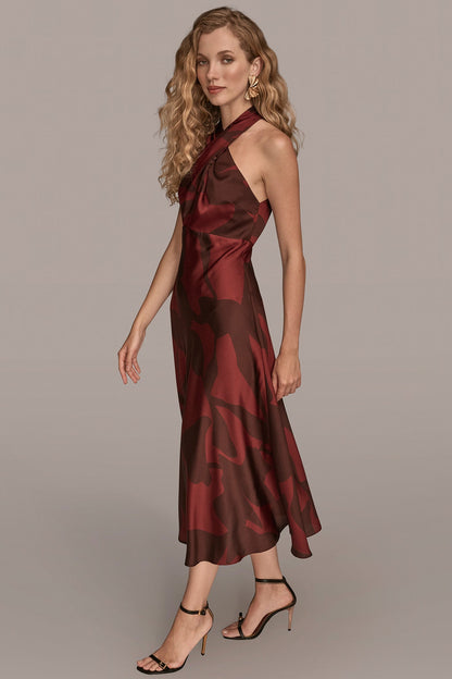 Donna Karan FLORAL CROSS-FRONT MIDI HALTER DRESS