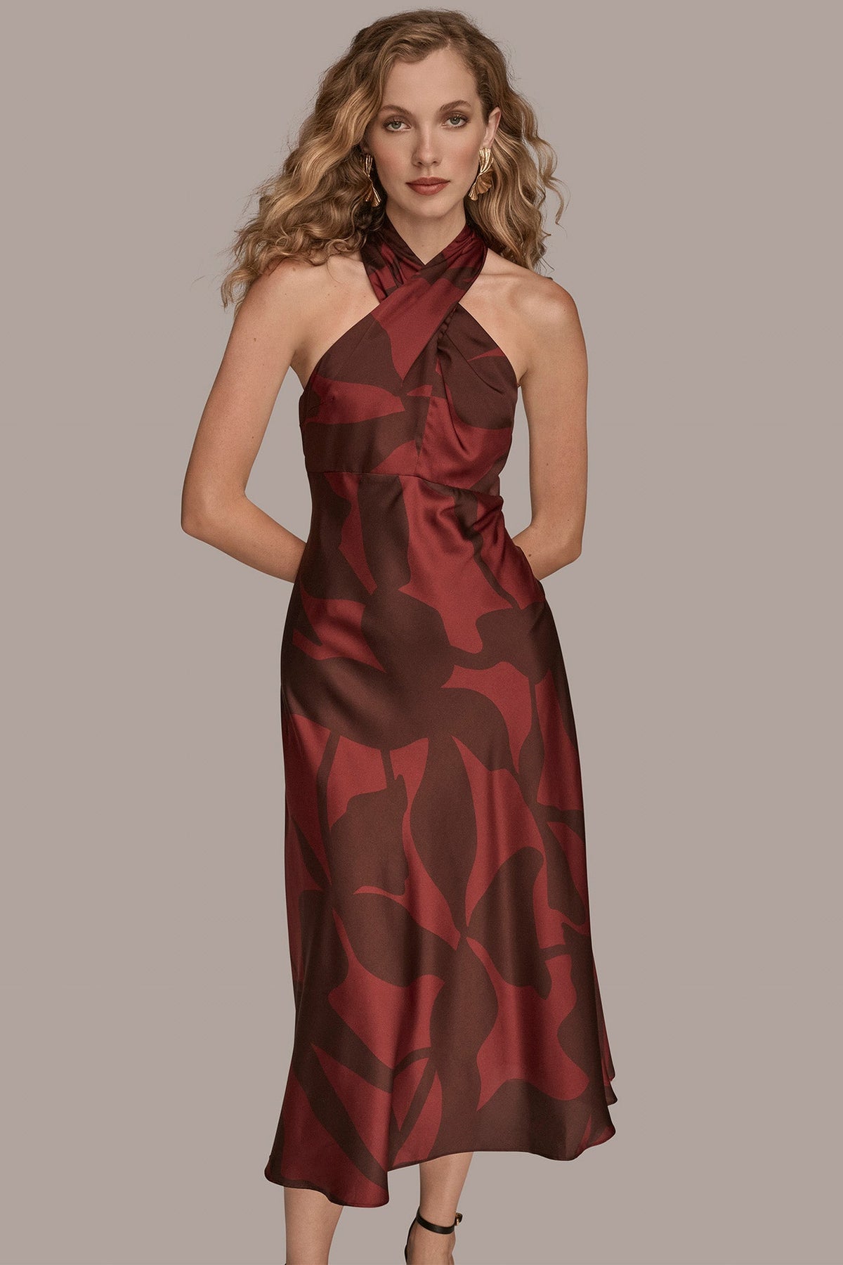 Donna Karan FLORAL CROSS-FRONT MIDI HALTER DRESS