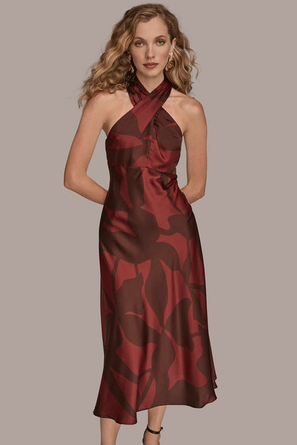 Donna Karan FLORAL CROSS-FRONT MIDI HALTER DRESS