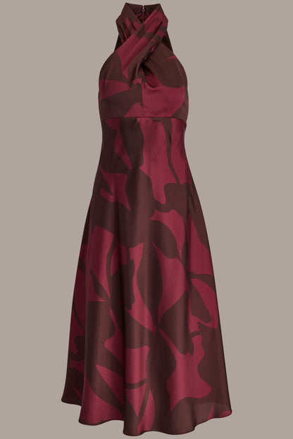 Donna Karan FLORAL CROSS-FRONT MIDI HALTER DRESS