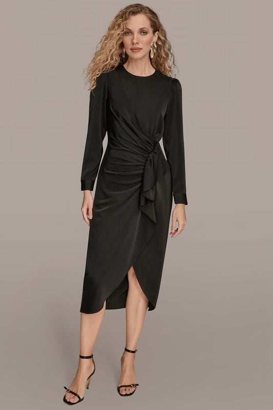 Donna Karan SATIN LONG SLEEVE RUFFLE MIDI DRESS