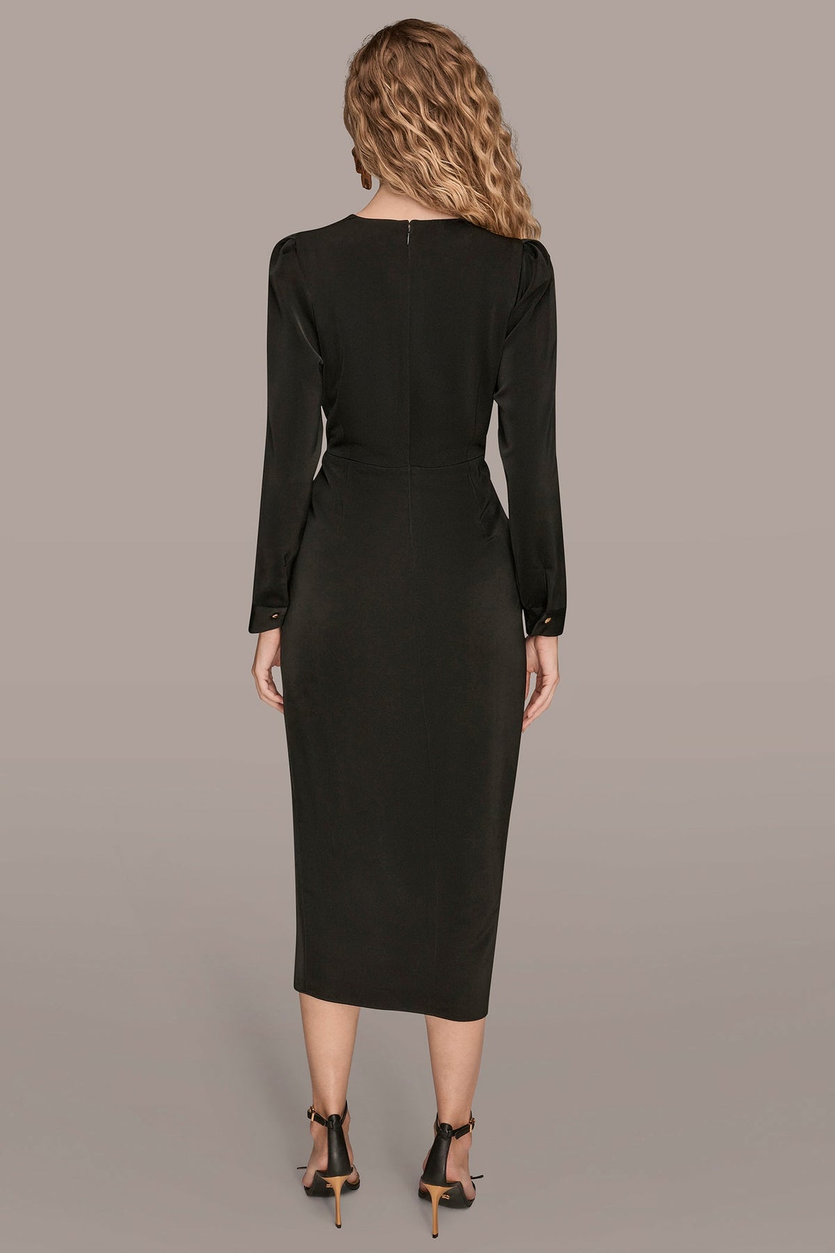 Donna Karan SATIN LONG SLEEVE RUFFLE MIDI DRESS
