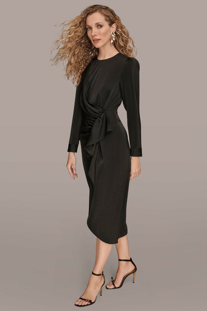 Donna Karan SATIN LONG SLEEVE RUFFLE MIDI DRESS
