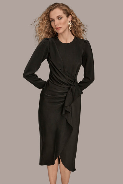 Donna Karan SATIN LONG SLEEVE RUFFLE MIDI DRESS