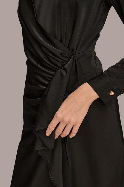 Donna Karan SATIN LONG SLEEVE RUFFLE MIDI DRESS