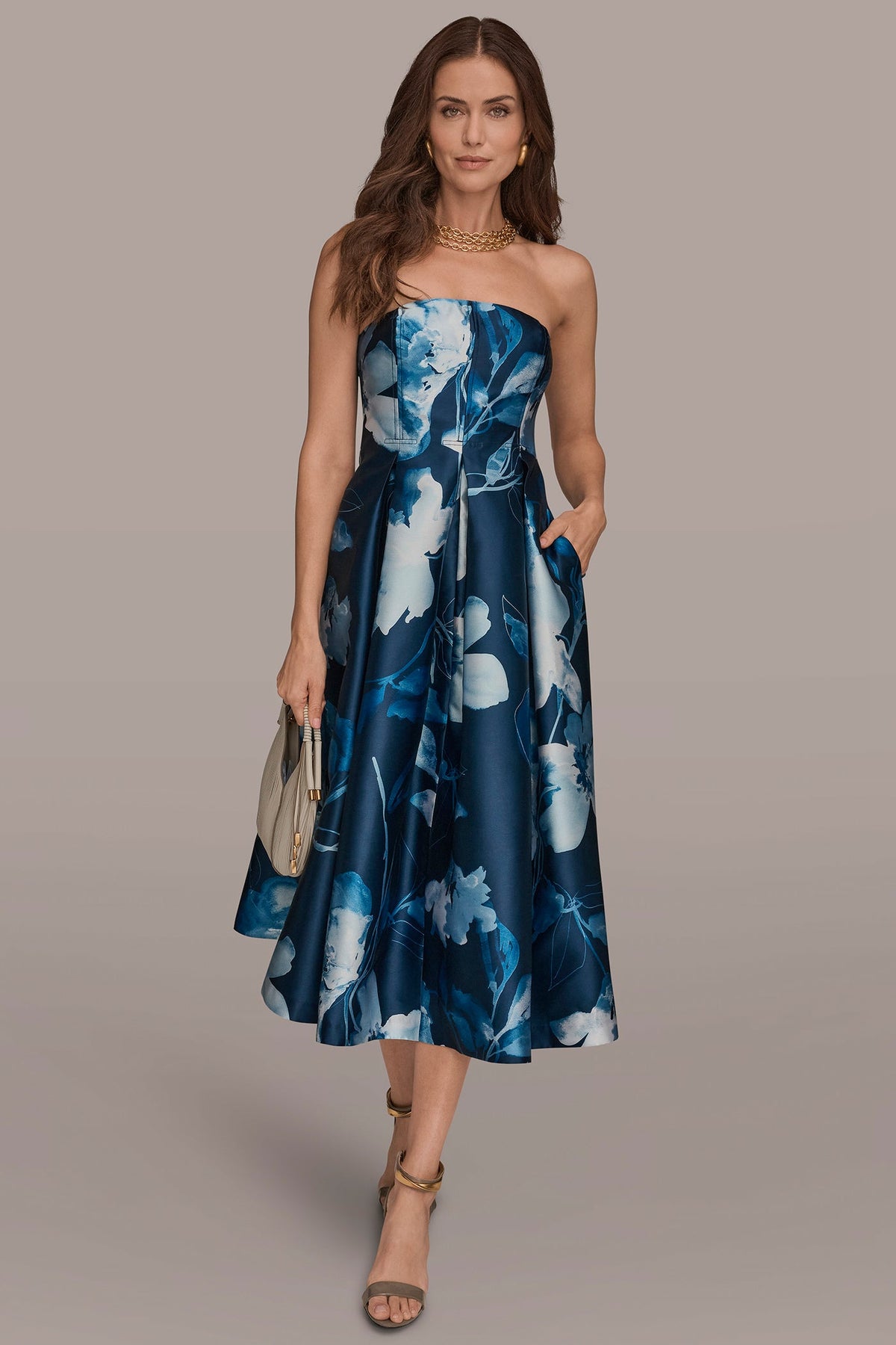 Donna Karan MIKADO STRAPLESS FLORAL MIDI GOWN