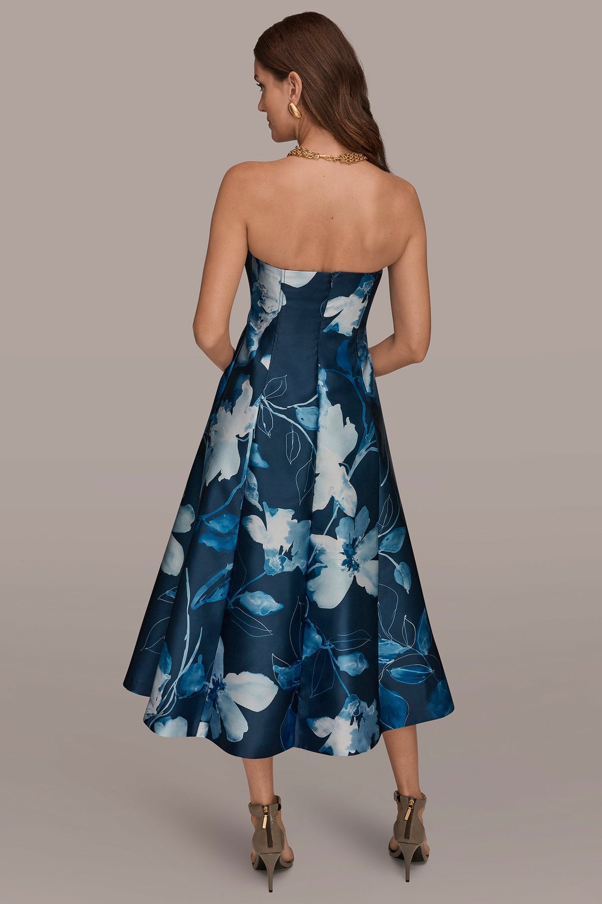 Donna Karan MIKADO STRAPLESS FLORAL MIDI GOWN