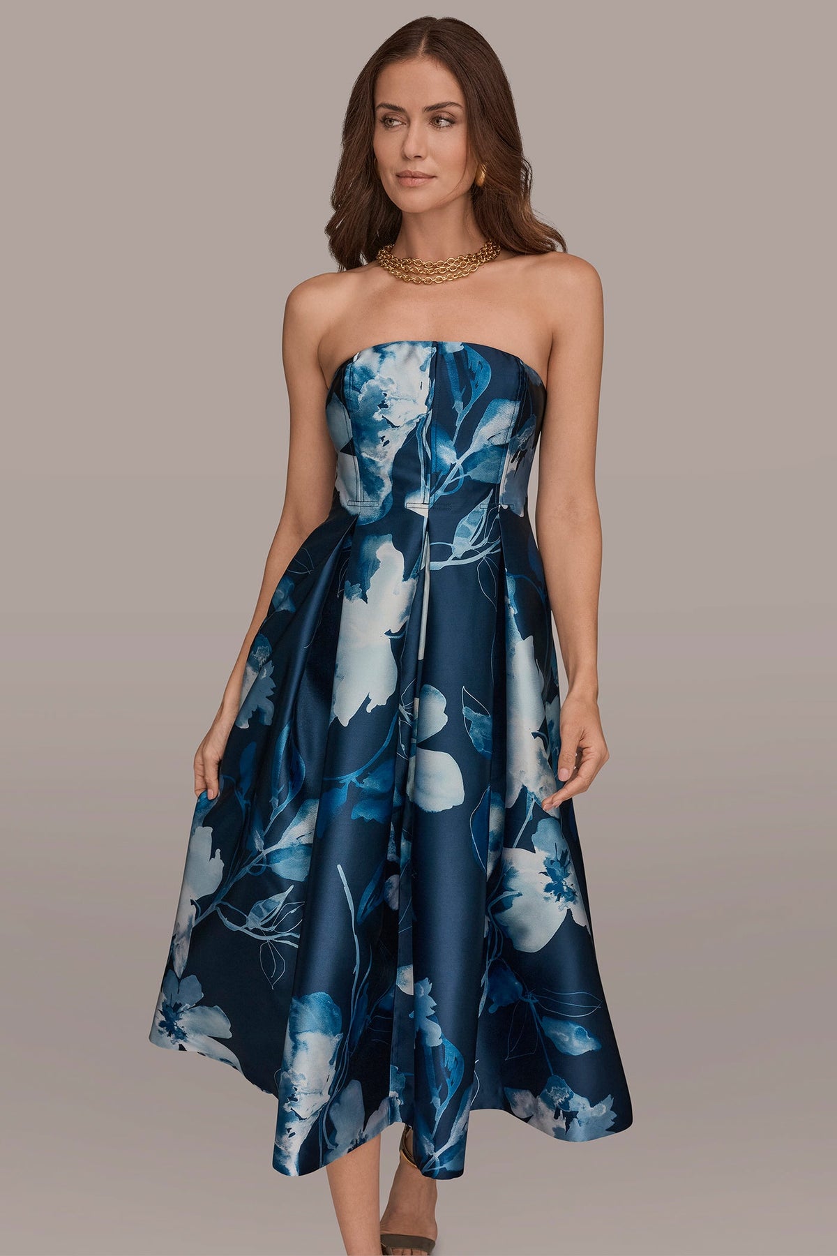 Donna Karan MIKADO STRAPLESS FLORAL MIDI GOWN