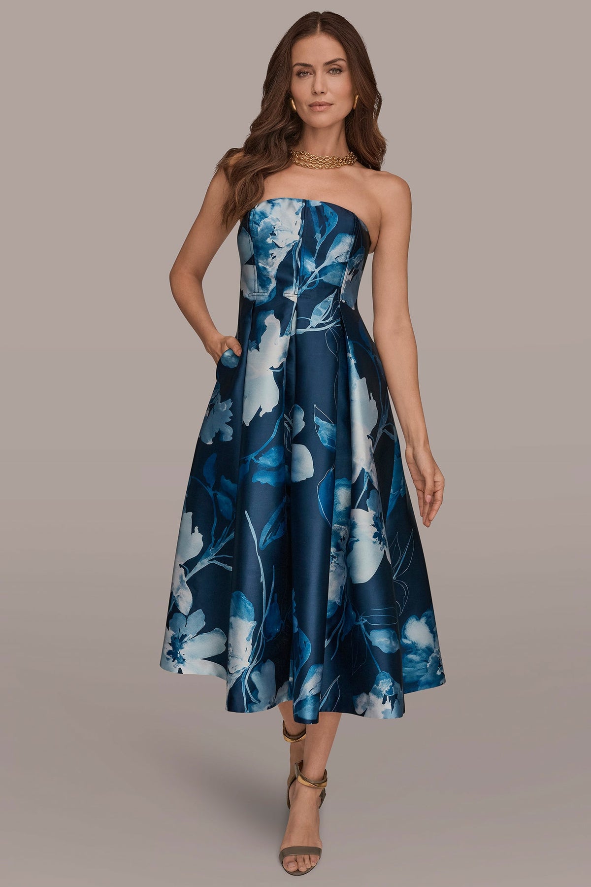 Donna Karan MIKADO STRAPLESS FLORAL MIDI GOWN