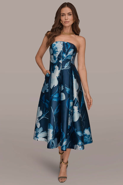 Donna Karan MIKADO STRAPLESS FLORAL MIDI GOWN