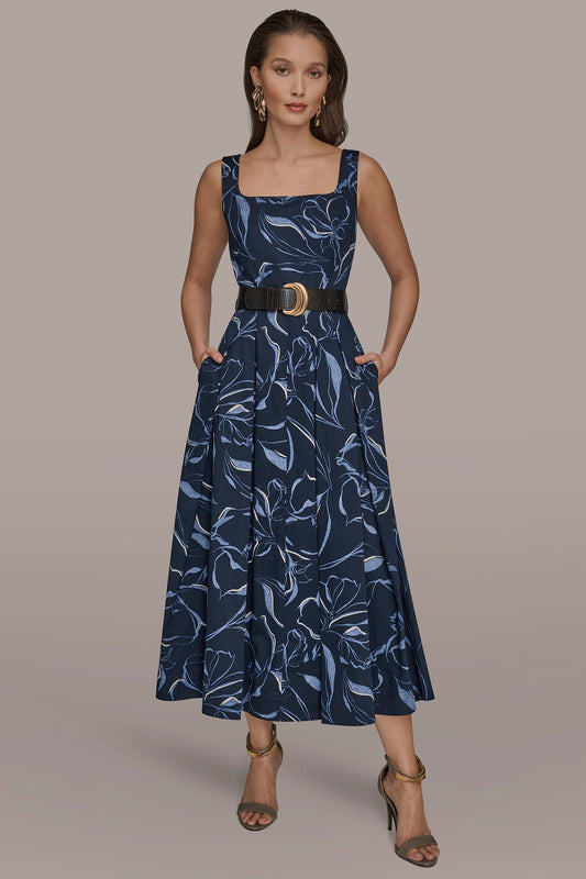 Donna Karan COTTON FLORAL SQUARE-NECK MIDI DRESS