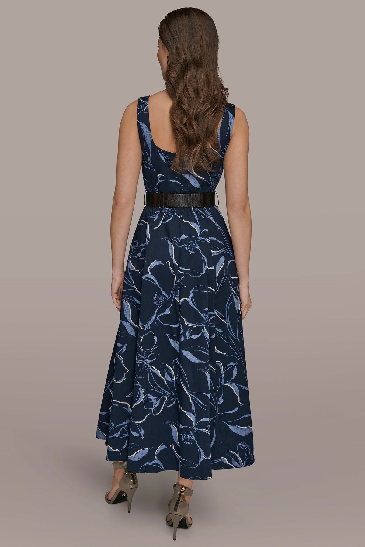 Donna Karan COTTON FLORAL SQUARE-NECK MIDI DRESS
