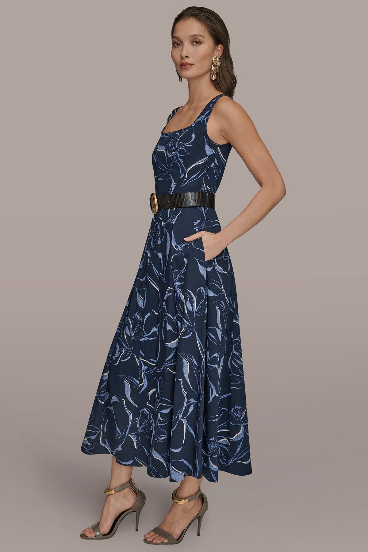 Donna Karan COTTON FLORAL SQUARE-NECK MIDI DRESS