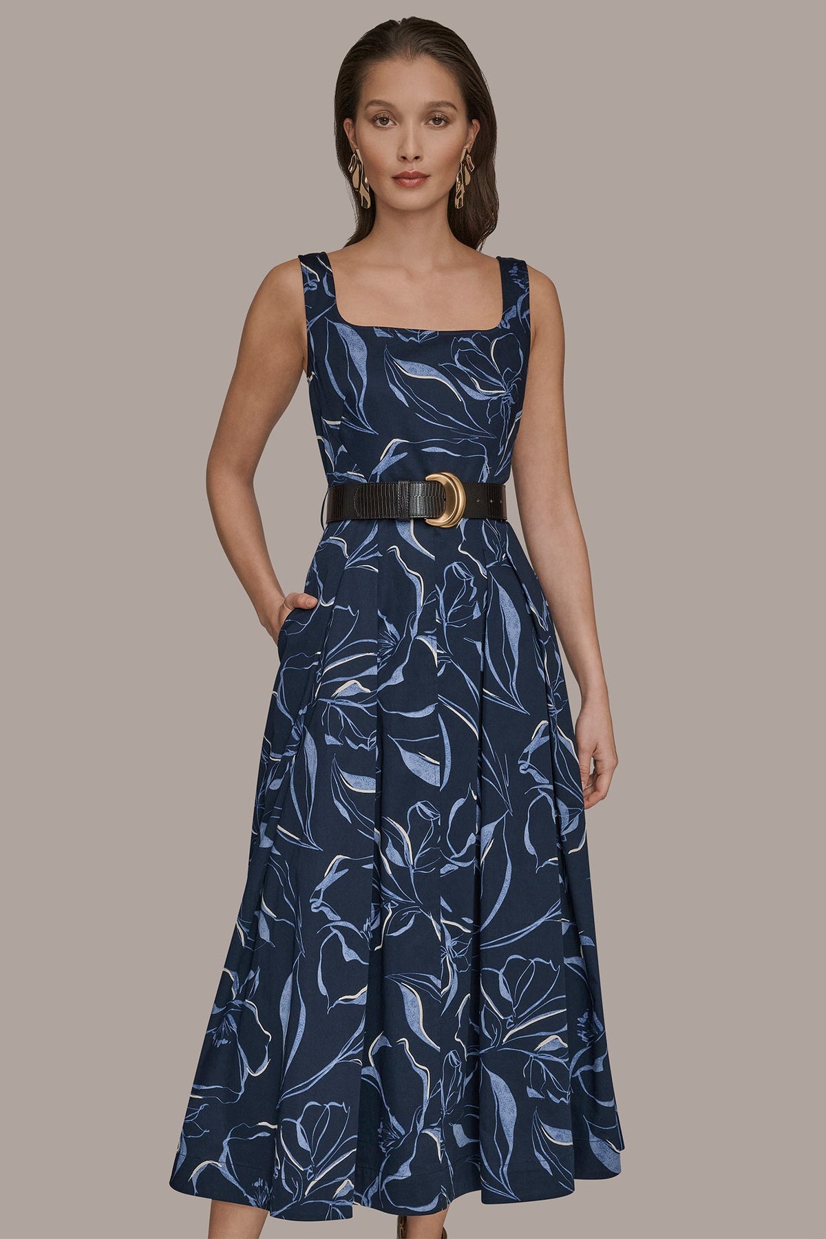 Donna Karan COTTON FLORAL SQUARE-NECK MIDI DRESS