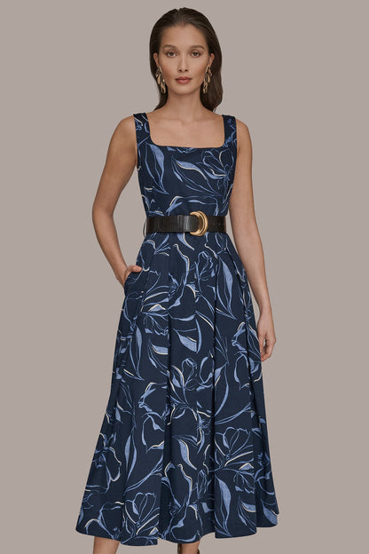 Donna Karan COTTON FLORAL SQUARE-NECK MIDI DRESS