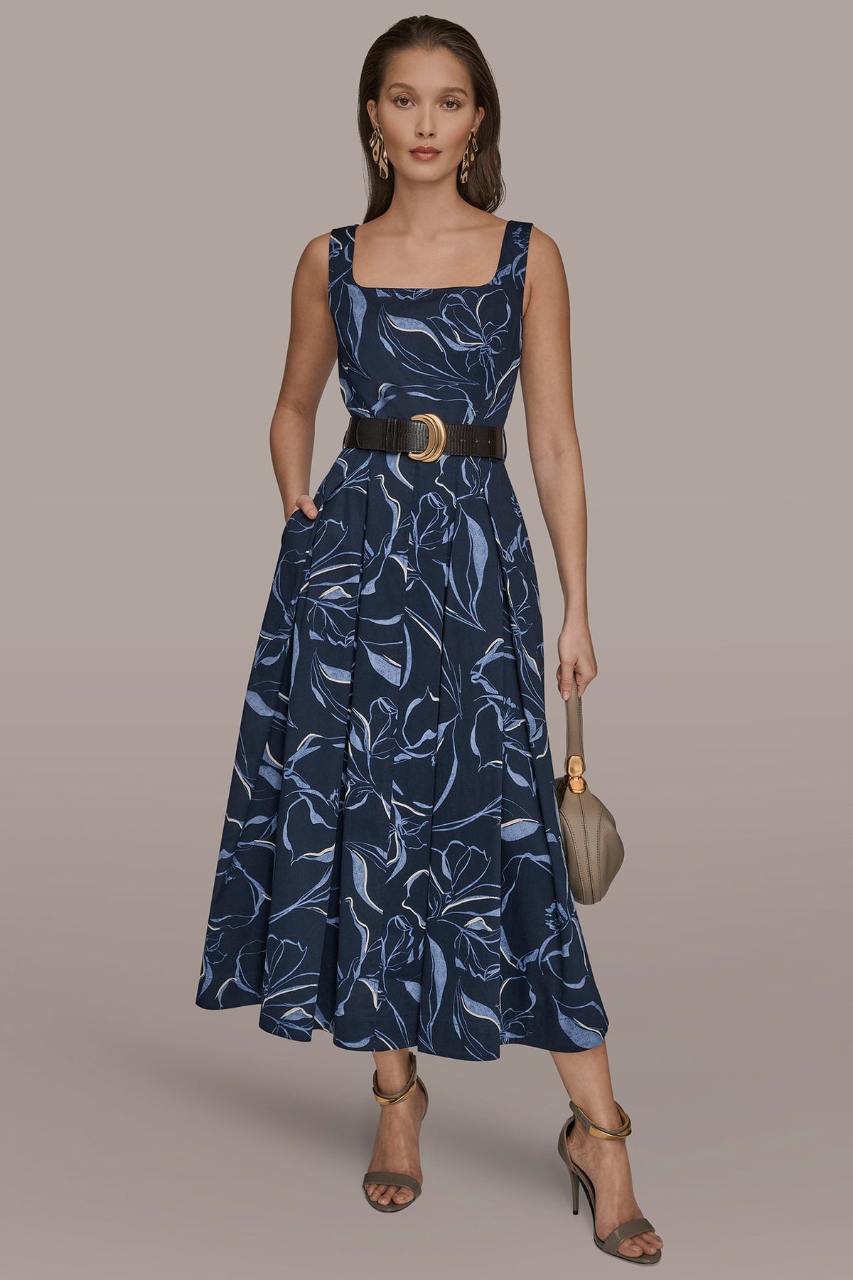Donna Karan COTTON FLORAL SQUARE-NECK MIDI DRESS
