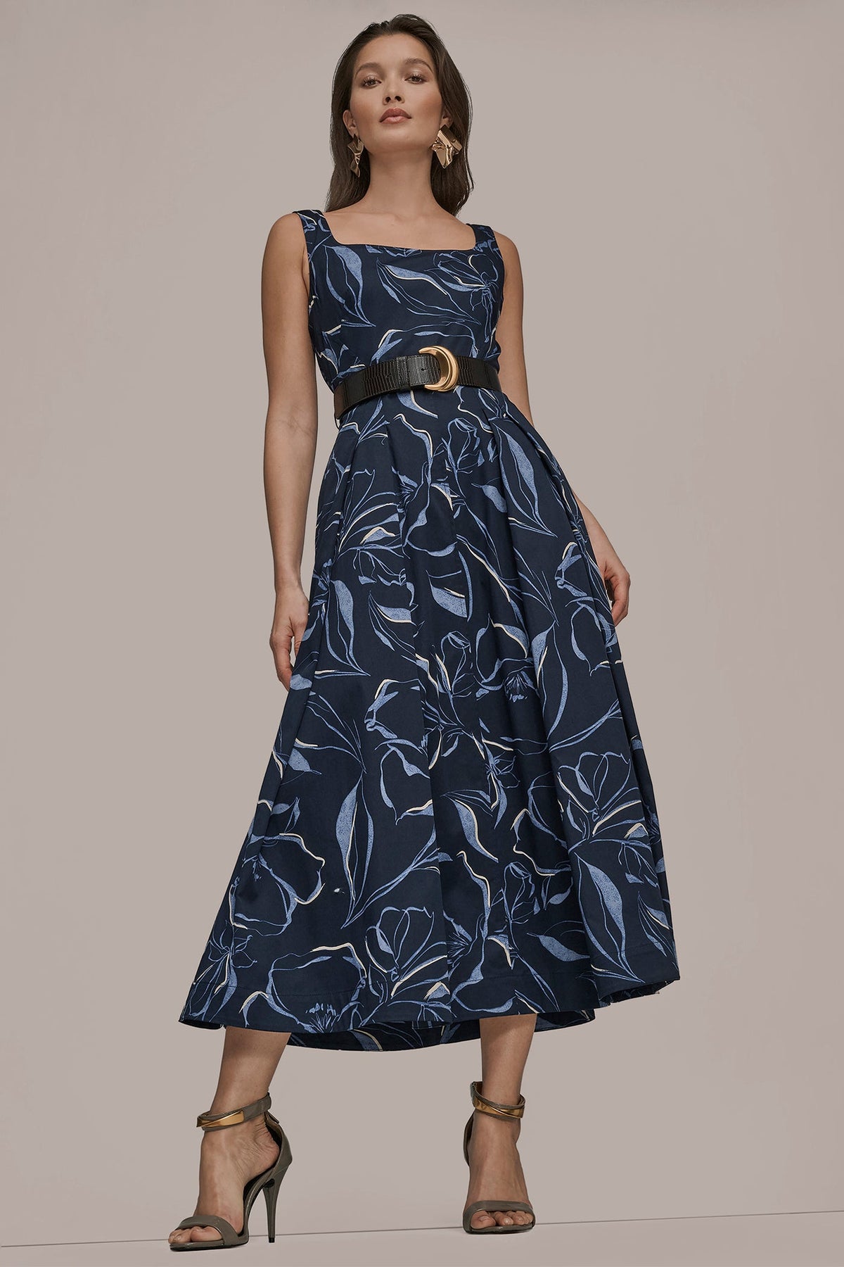 Donna Karan COTTON FLORAL SQUARE-NECK MIDI DRESS