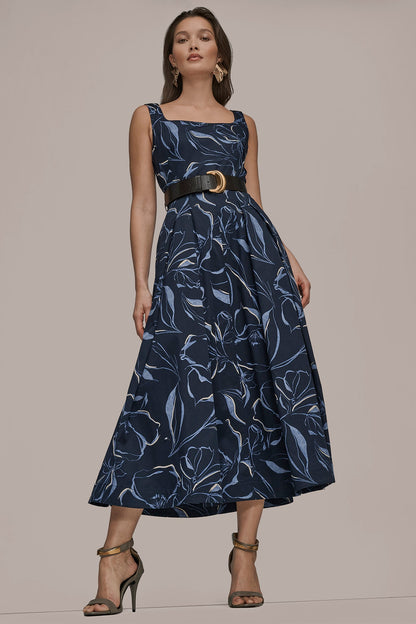 Donna Karan COTTON FLORAL SQUARE-NECK MIDI DRESS