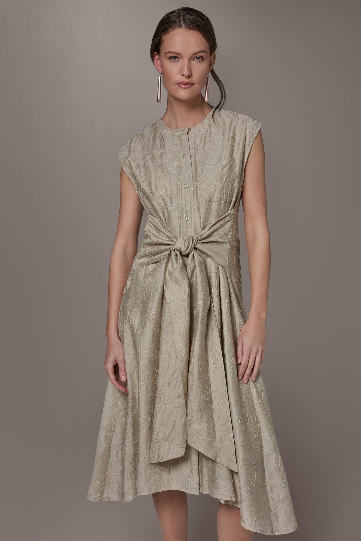 Donna Karan EMBROIDERED TIE-FRONT MIDI DRESS
