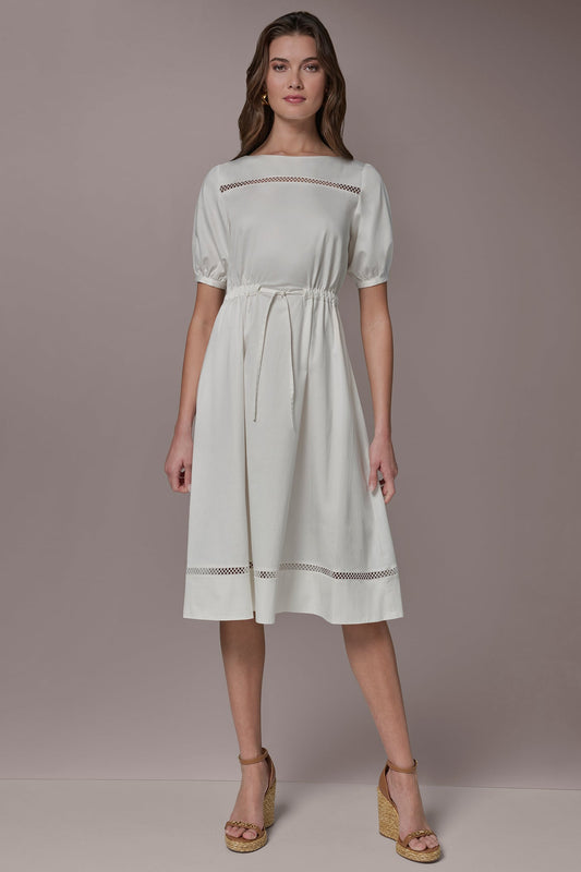 Donna Karan COTTON-SATEEN LATTICE MIDI A-LINE DRESS