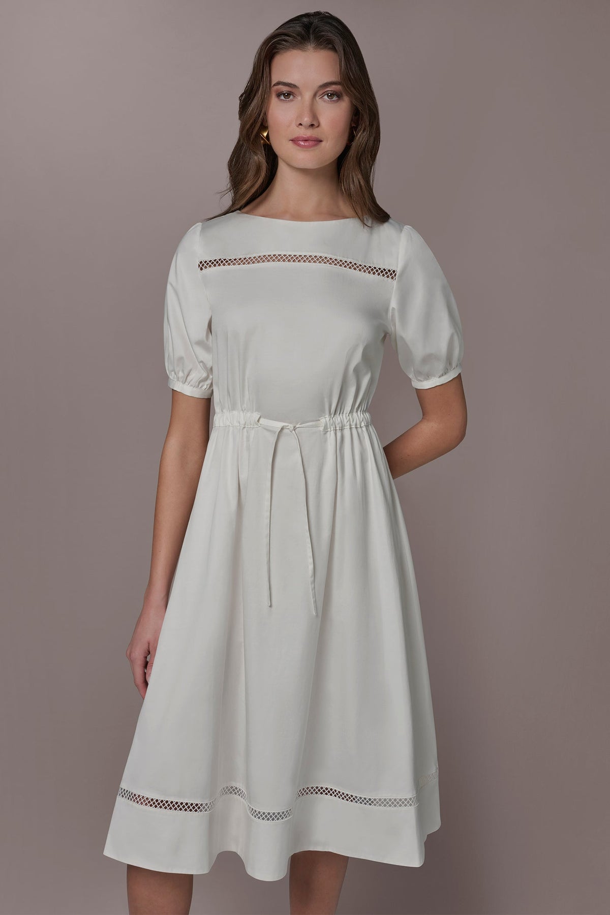 Donna Karan COTTON-SATEEN LATTICE MIDI A-LINE DRESS