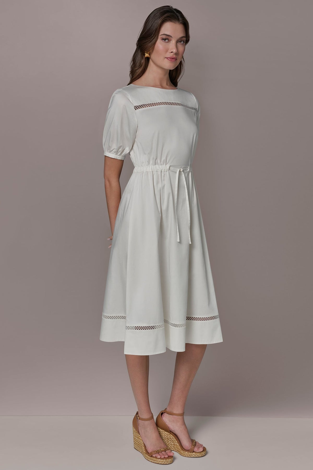 Donna Karan COTTON-SATEEN LATTICE MIDI A-LINE DRESS