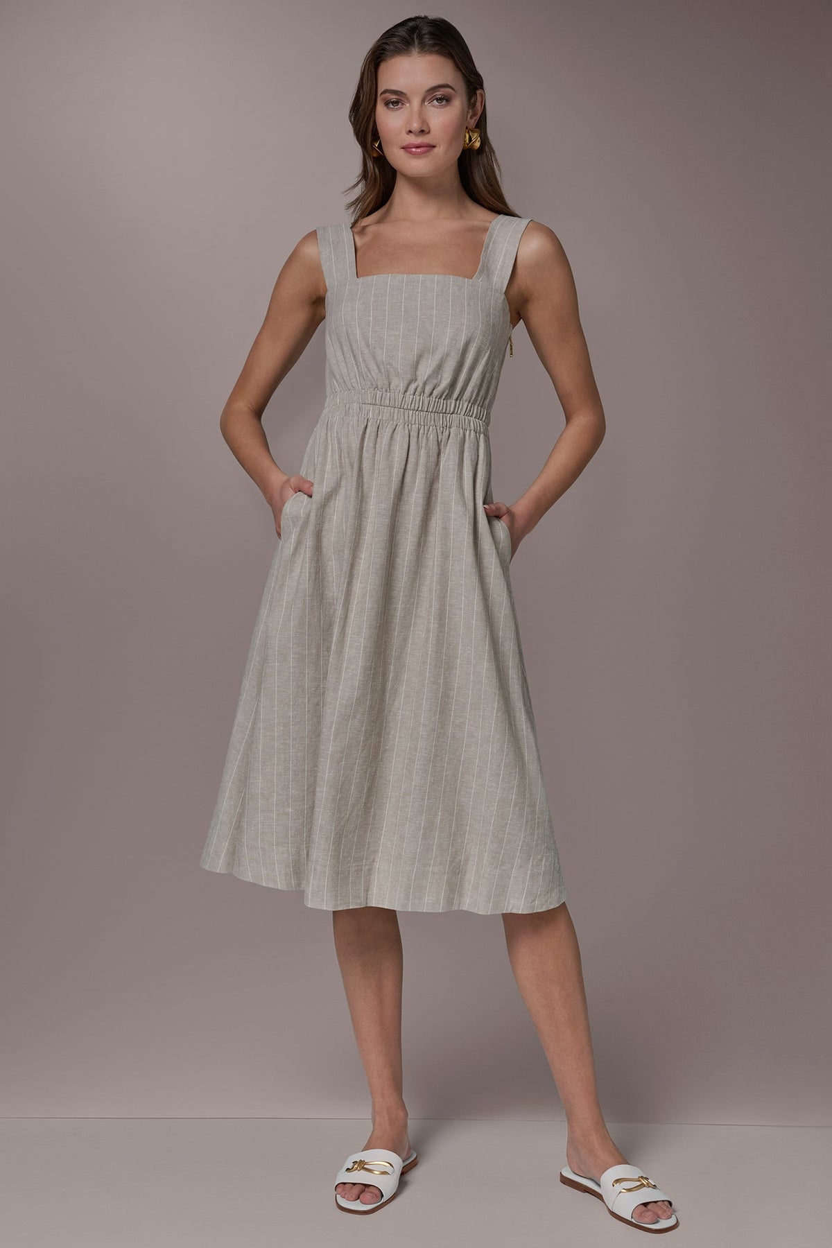 Donna Karan LINEN-BLEND PINSTRIPE CUTOUT MIDI DRESS