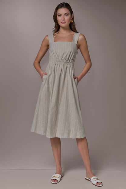 Donna Karan LINEN-BLEND PINSTRIPE CUTOUT MIDI DRESS